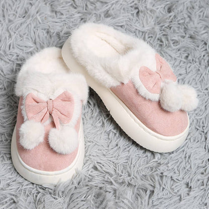 Bow Pom Pom Suede Slippers