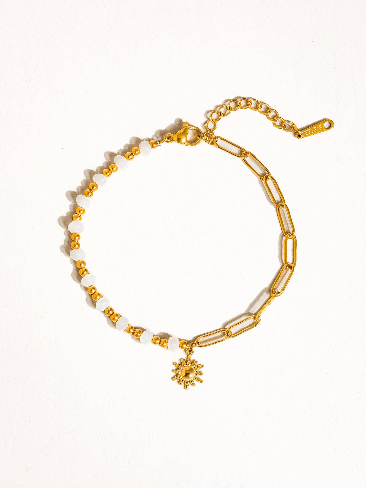 Sapin 18K Gold Non-Tarnish Sun and Pearl Chain Bracelet