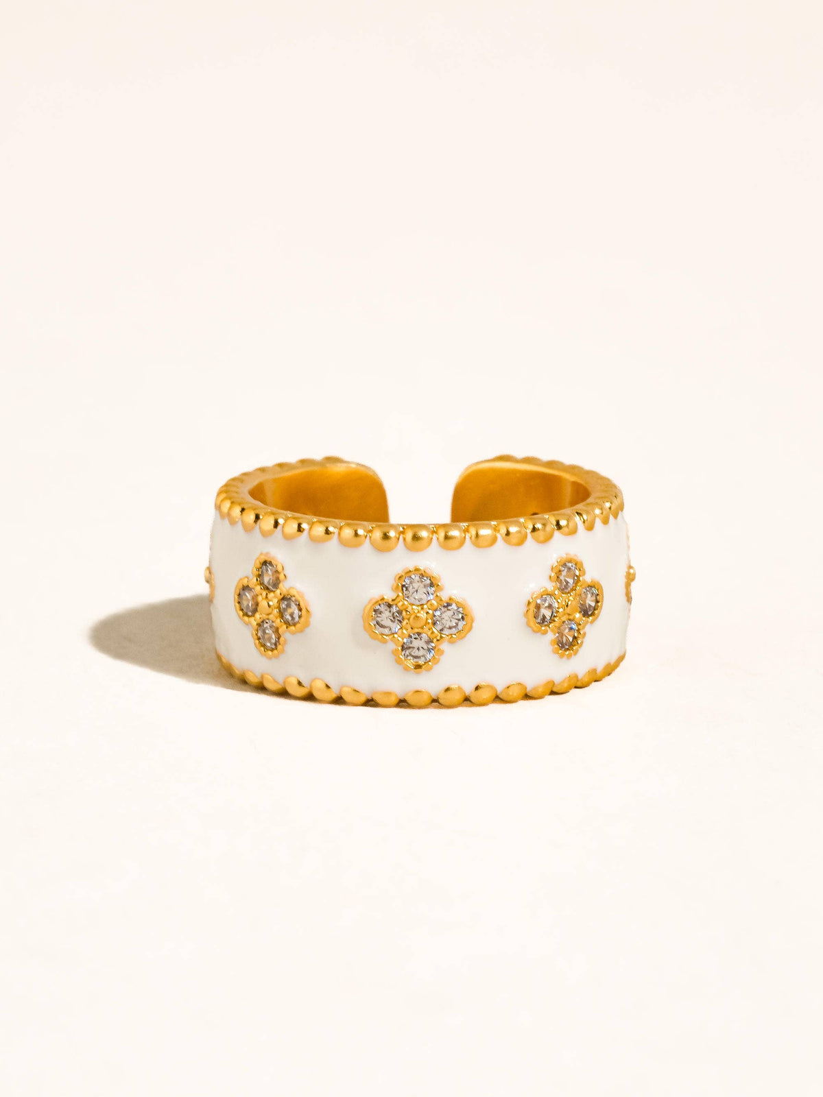 Satin 18K Gold Vintage White Enamel Floral Band Ring