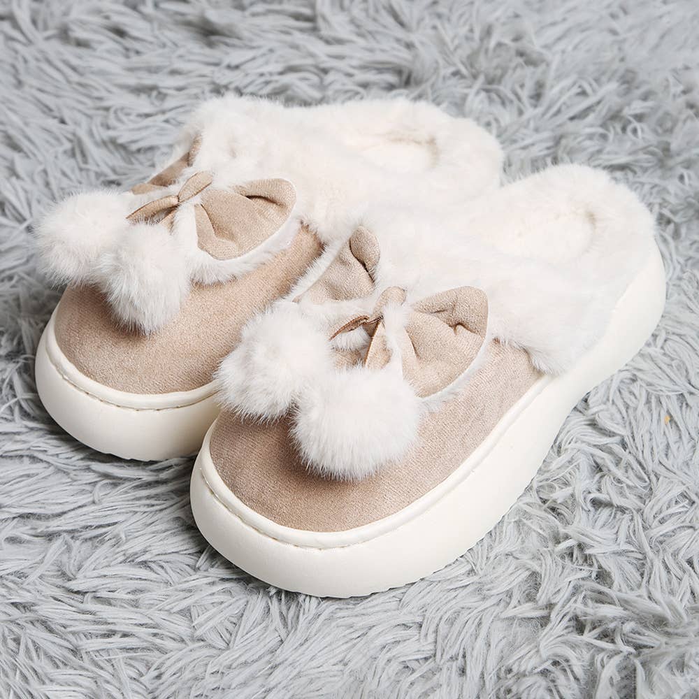 Bow Pom Pom Suede Slippers