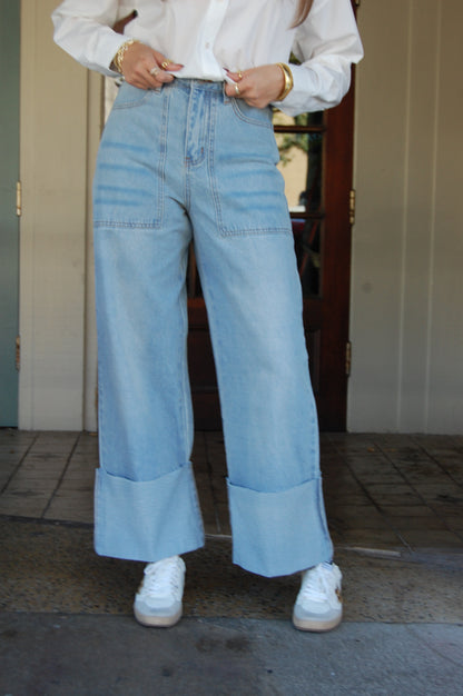 Wide Leg Cuffed Jeans