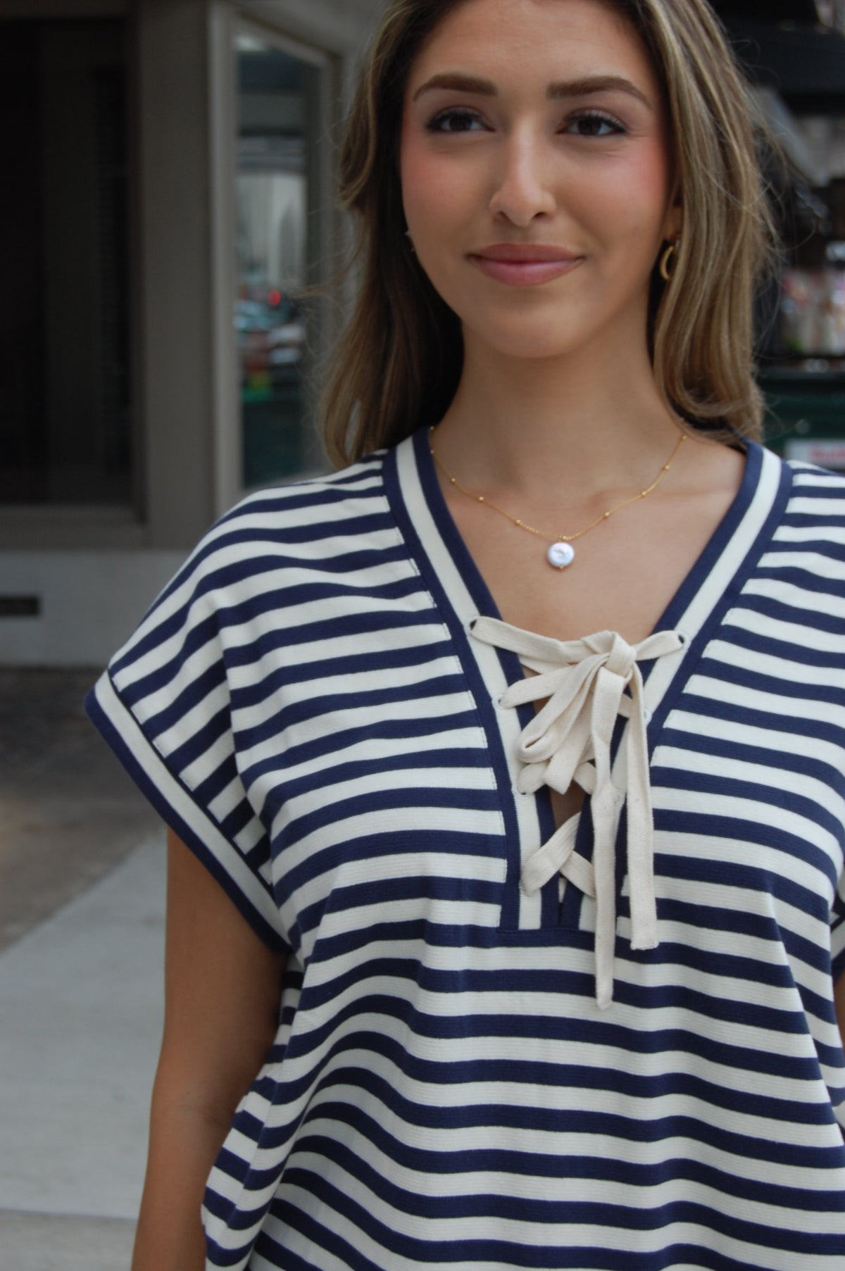 Stripe Lace Up Top
