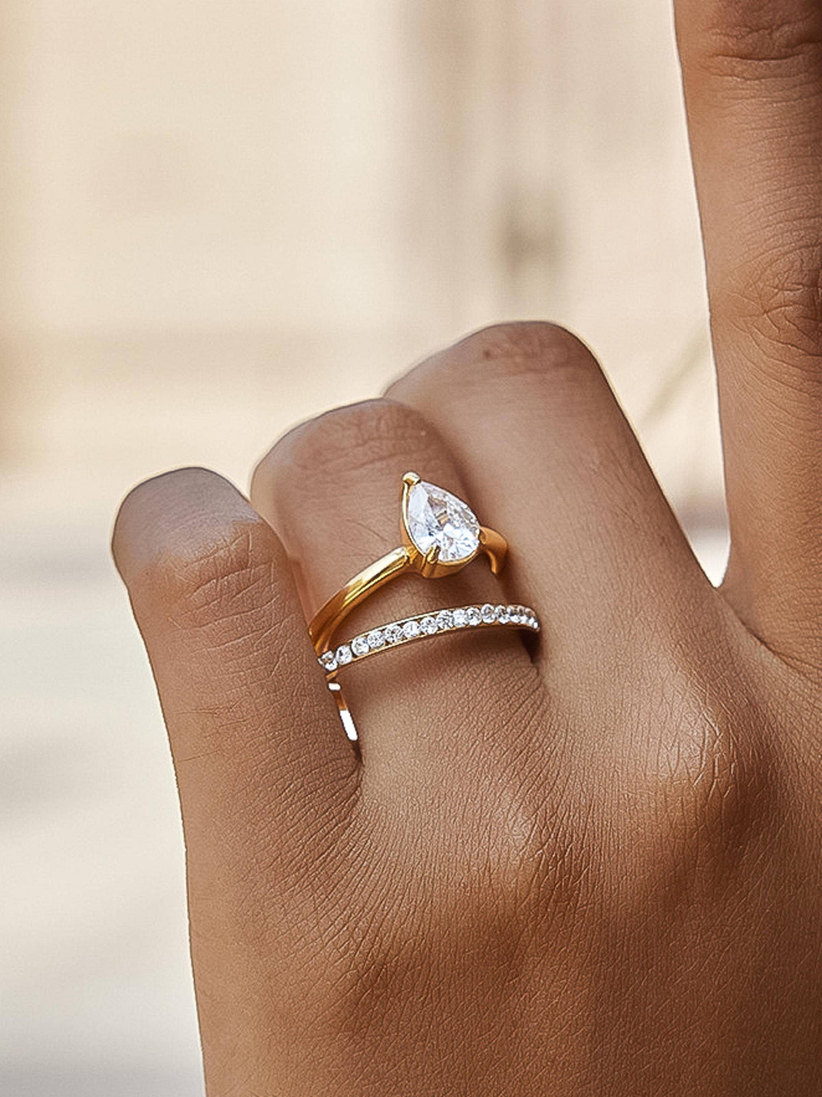 Eirwen 18K Gold Non-Tarnish Pear CZ Stack Ring