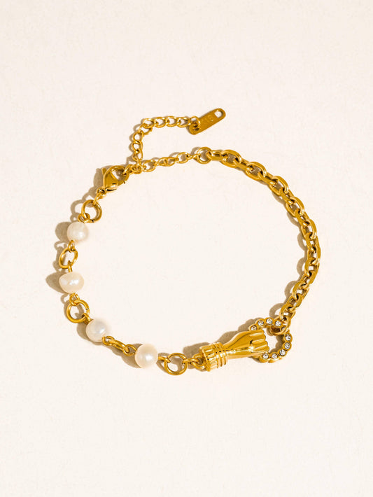 Isoria 18K Gold Non-Tarnish Pearl CZ Hand Bracelet