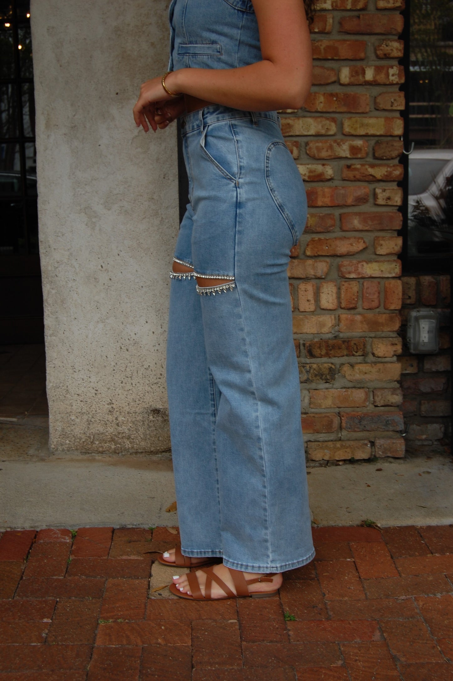 Rhinestone Cut Out Jeans