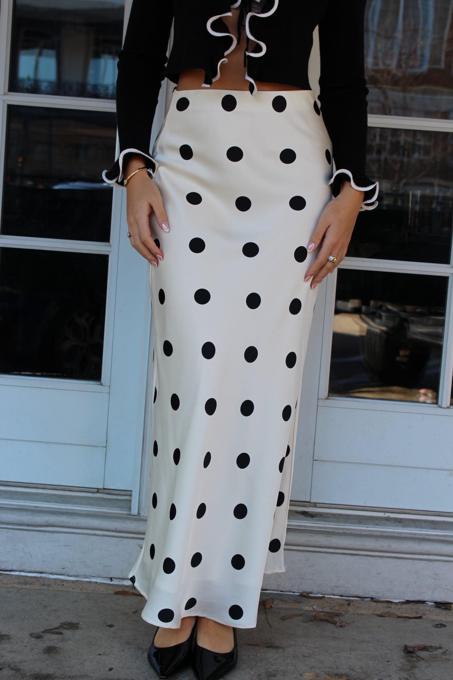 Satin Polka Dot Midi Skirt