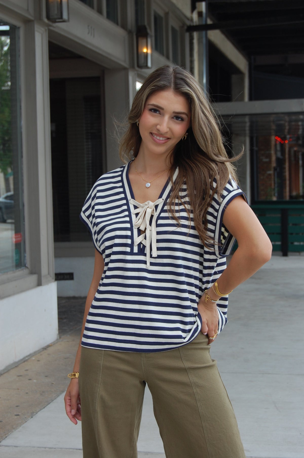 Stripe Lace Up Top
