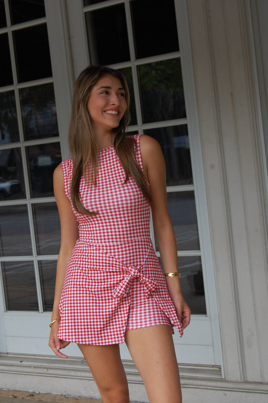 Gingham Print Sleeveless Wrap Tie Front Dress