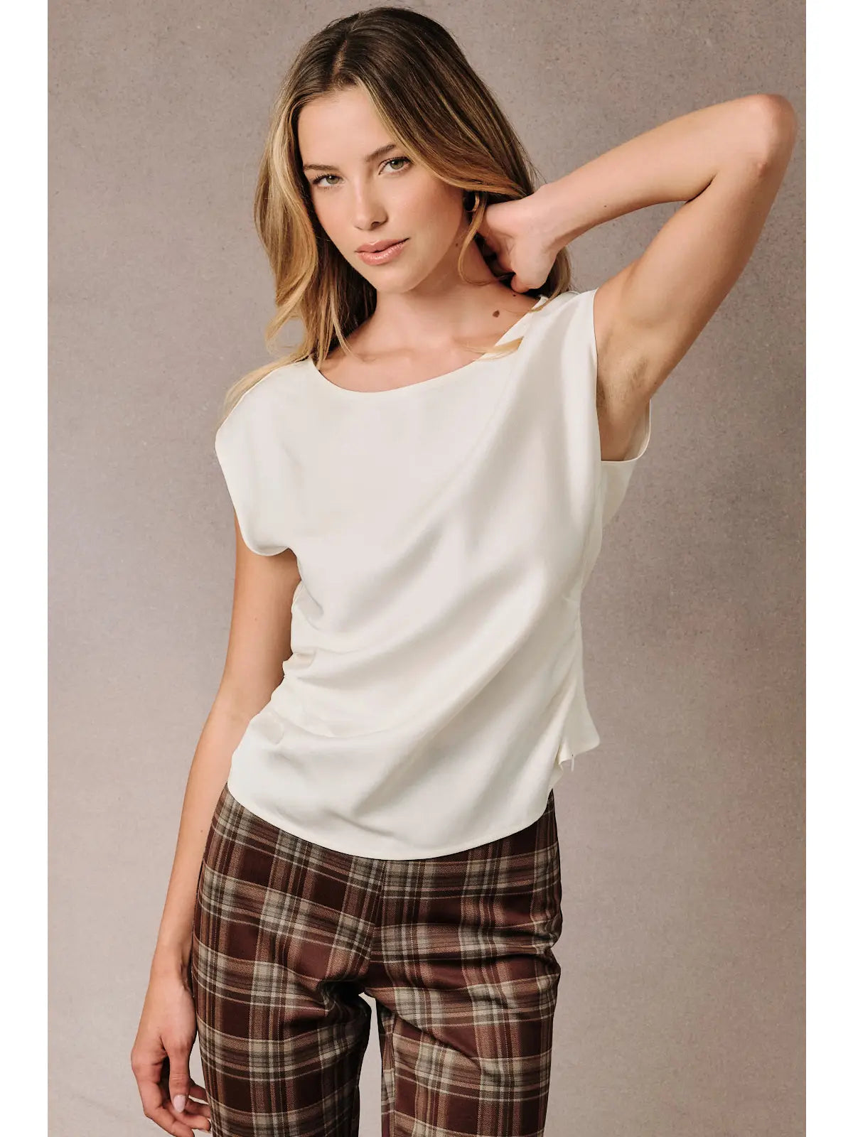 Boat Neck Pleated Top