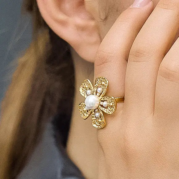 Eze 18K Gold Non-Tarnish Pearl Flower Statement Ring