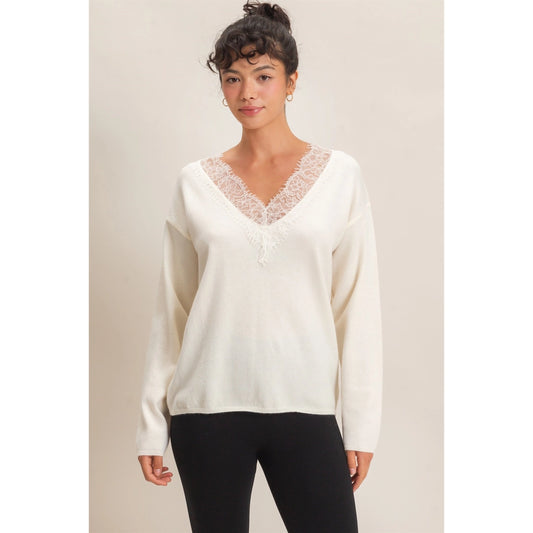 Lace Trim V-Neck Sweater