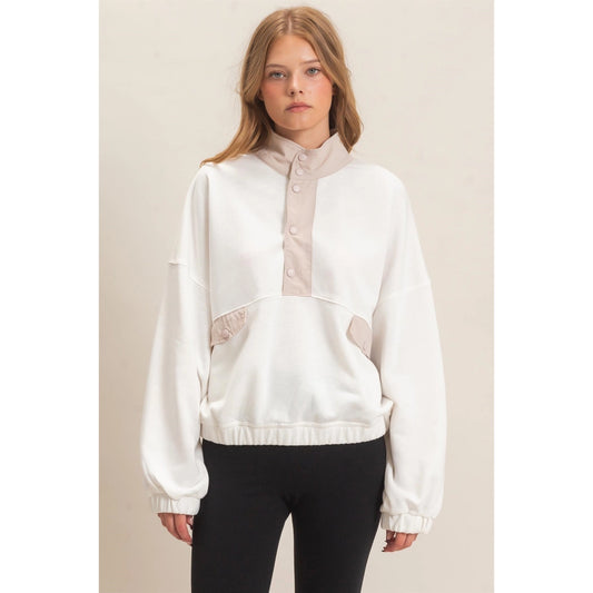 Contrast Button-Up Pullover