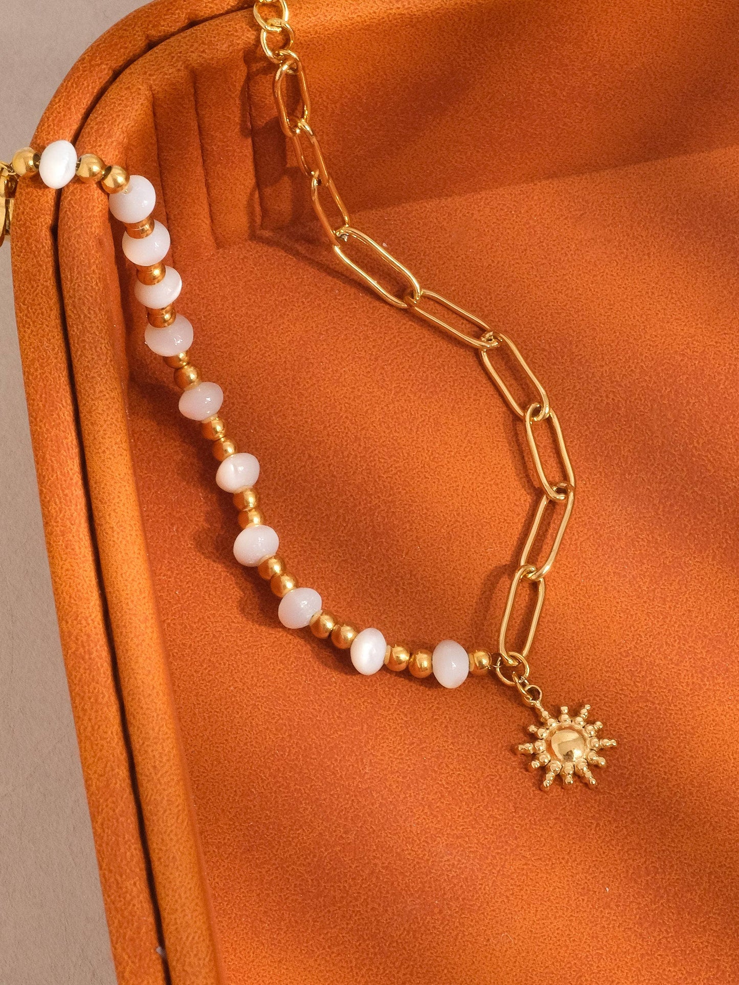 Sapin 18K Gold Non-Tarnish Sun and Pearl Chain Bracelet