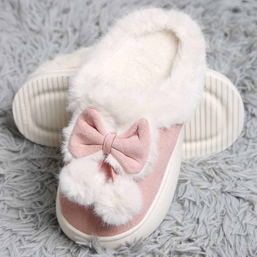 Bow Pom Pom Suede Slippers