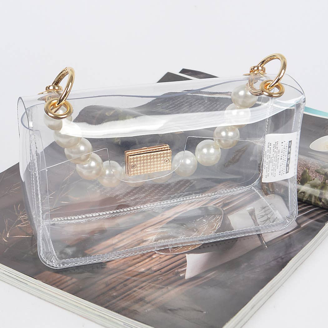 Transparent Cross body Bag W/ Pearl Chain