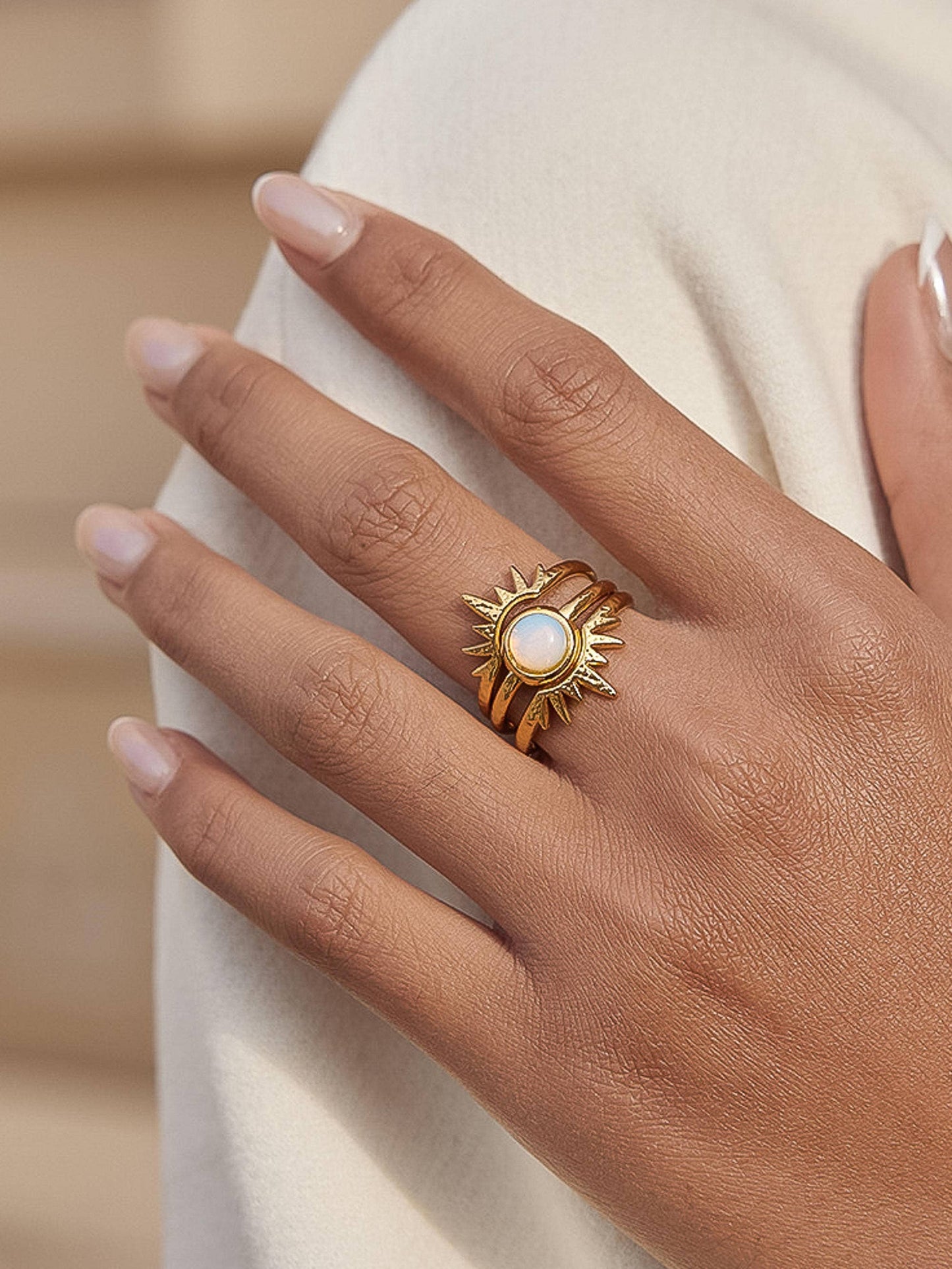 Nerina 18K Gold Non-Tarnish Sunburst Opal Stackable Ring