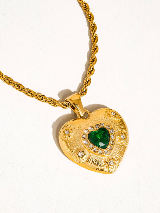 Akira 18K Gold Non-Tarnish Green CZ Heart Necklace