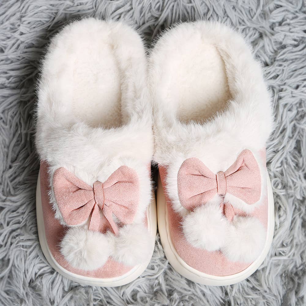 Bow Pom Pom Suede Slippers