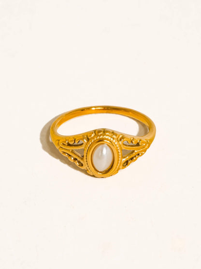 Blois 18K Gold Non-Tarnish Vintage Pearl Filigree Ring