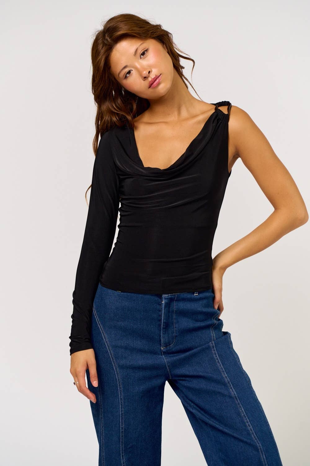 One Shoulder Cowl Long Sleeve Top