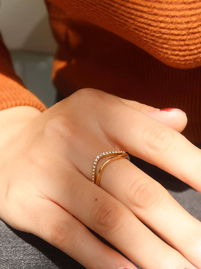 Orleans 18K Gold Non-Tarnish Layered V Rhinestone Ring