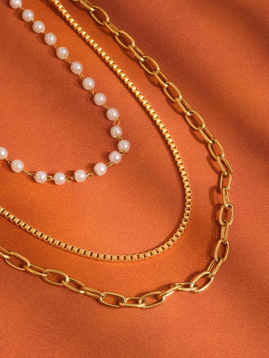 Non-Tarnish Stacked Pearl Chain Necklace