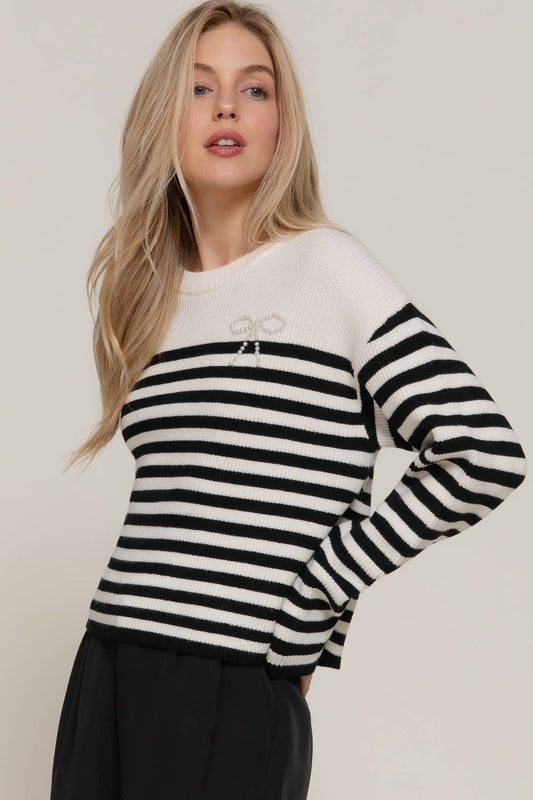 Pearl Bow Stripe Sweater