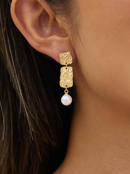 Non-Tarnish Hammered Pearl Drop Earrings