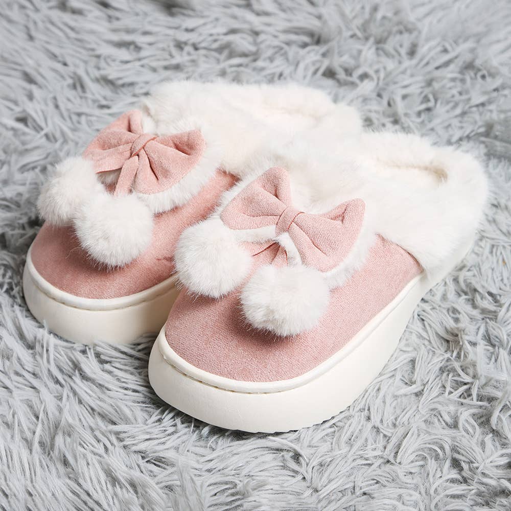 Bow Pom Pom Suede Slippers