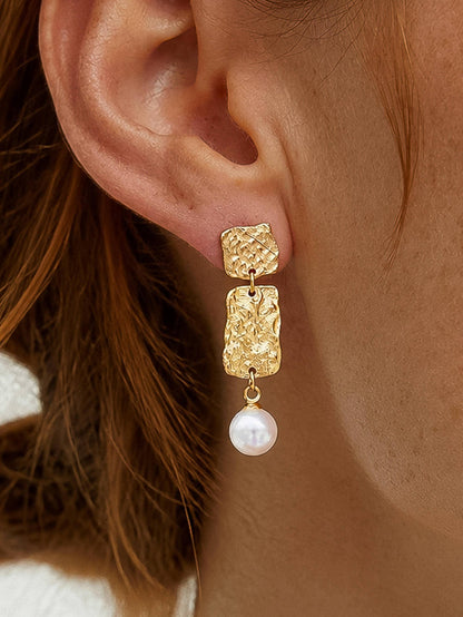 Non-Tarnish Hammered Pearl Drop Earrings