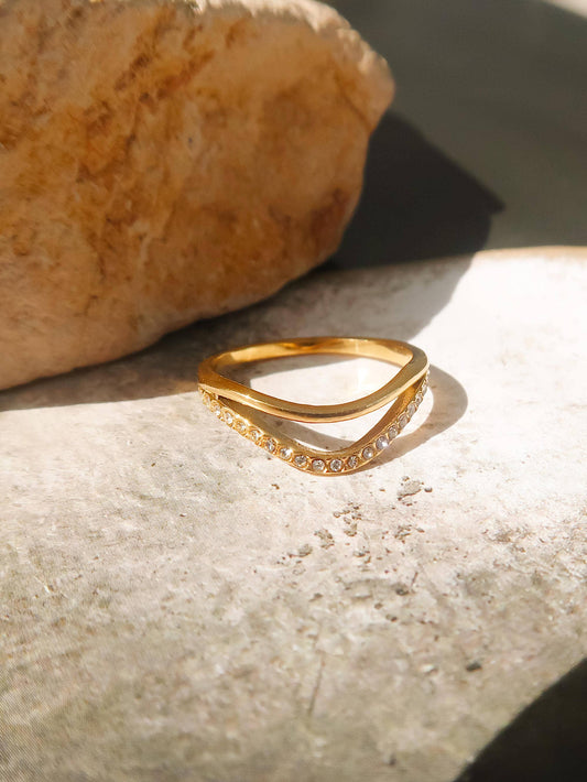 Orleans 18K Gold Non-Tarnish Layered V Rhinestone Ring