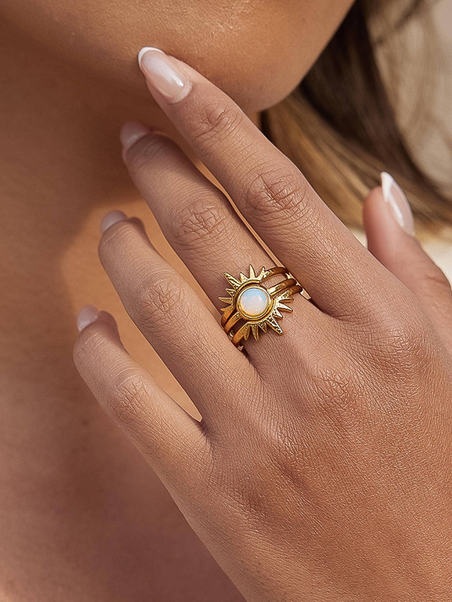 Nerina 18K Gold Non-Tarnish Sunburst Opal Stackable Ring
