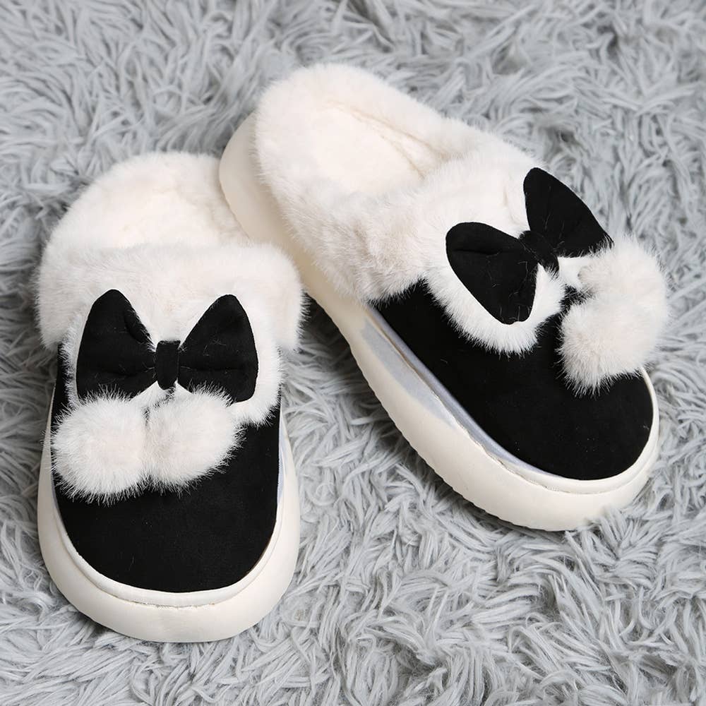 Bow Pom Pom Suede Slippers