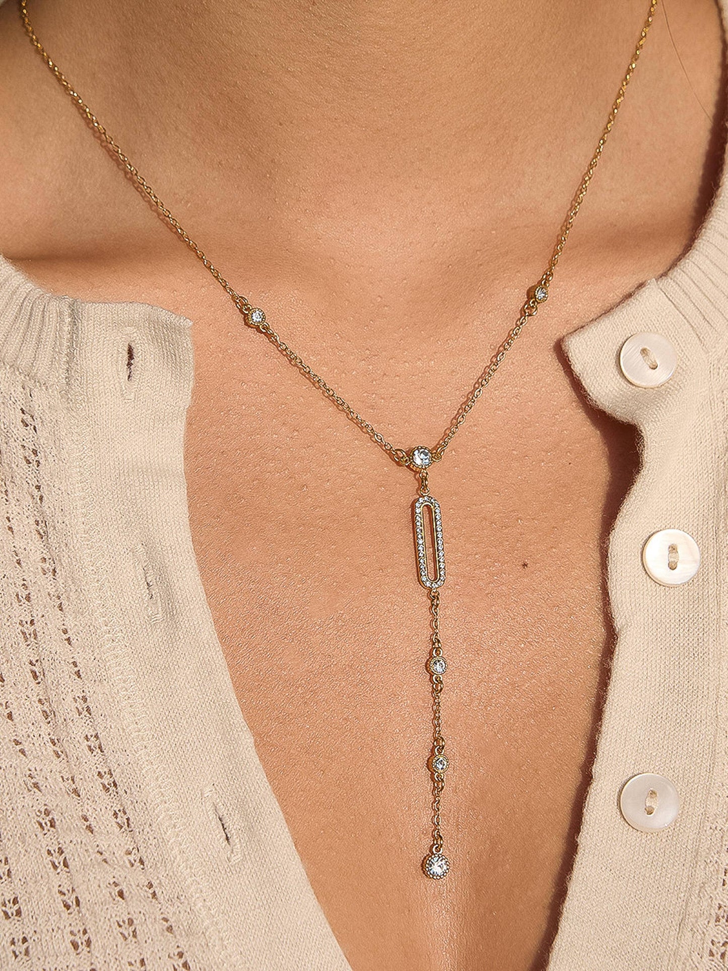 Non-Tarnish CZ Drop Bar Necklace