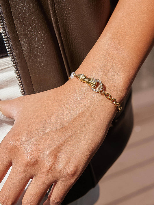 Isoria 18K Gold Non-Tarnish Pearl CZ Hand Bracelet